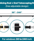 Diagram of Ultra Long Curtain Rod 30 To 240 Inches Heavy Duty 1 Inch Black Drapery Rod Set with dimensions and end caps.