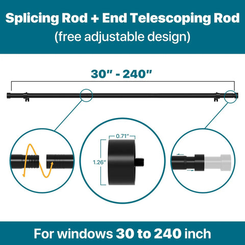 Diagram of Ultra Long Curtain Rod 30 To 240 Inches Heavy Duty 1 Inch Black Drapery Rod Set with dimensions and end caps.