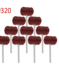 Must-Have 10-Piece Nylon Abrasive Wheel Kit With 120 To 600 Grit for Precision Polishing, showing ten maroon discs on shanks.
