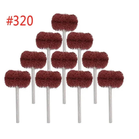 Must-Have 10-Piece Nylon Abrasive Wheel Kit With 120 To 600 Grit for Precision Polishing, showing ten maroon discs on shanks.