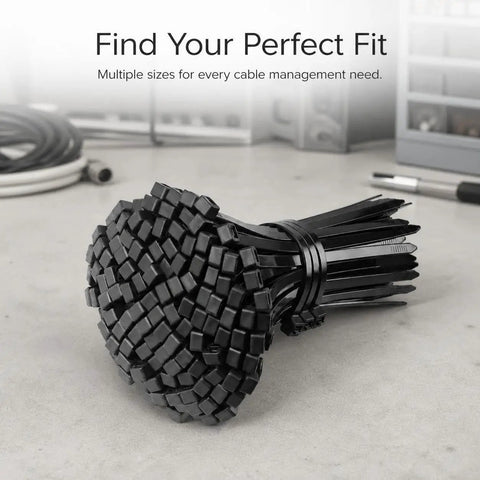 Heavy Duty Self Locking Zip Ties Provide A Rock Solid Nylon Cable Wrap Setup For Electricians With Assorted Sizes In A 100 Piece Fire Resistant Pack, black nylon ties stacked.