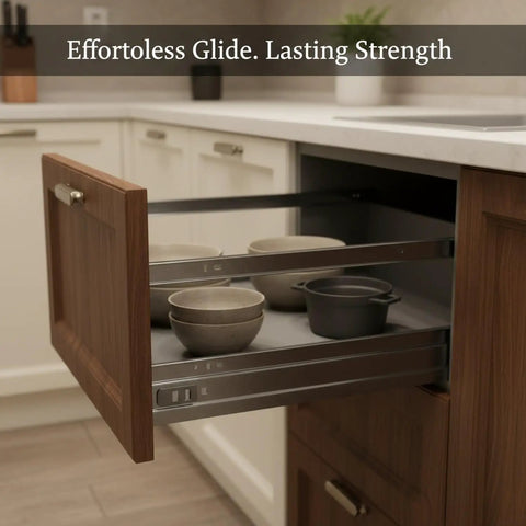 Open cabinet with Stainless Steel Drawer Slides Pair With Black Finish, showing smooth glide and sturdy metal rails
