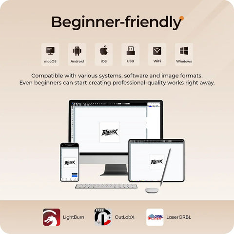 Digital devices displaying software for 5W Desktop Laser Engraver For Beginners With Ultra Precision 0.01mm Dope Cutter.