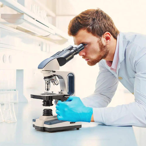 Clinician using Pro Grade Multi Purpose Lab Compound Microscope With 40X-2500X Magnification, Siedentopf Binocular Head