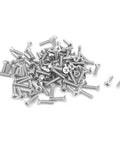 No Fuss 100 Pack M3 X 12mm Phillips Flat Head Countersunk Bolts Machine Screws, silver stainless steel screws piled together.