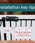 Close-up of installation instructions on extra wide pressure mounted baby gate with safe double lock handle.