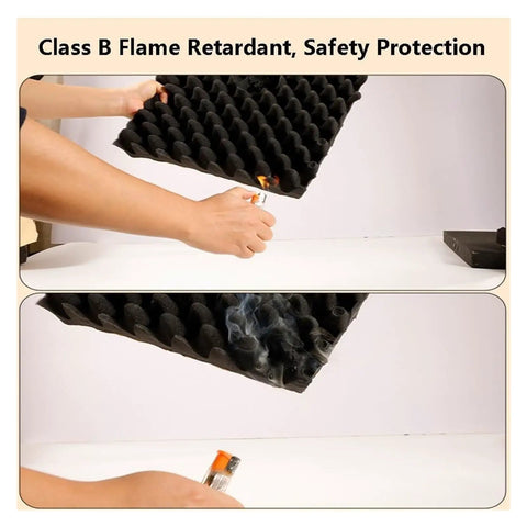 Killer Soundproof Foam Panels 3CM Thick Studio Acoustic Egg Crate Tiles showing fire resistance test with flames and smoke.
