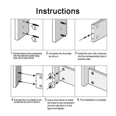 Instructions for Heavy Duty 3 In 1 Cam Screw Furniture Connectors assembly showing steps for secure wood panel joining.