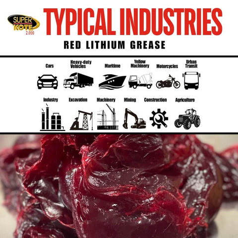 Go To Lithium Grease Superkote 2000 NLGI 2 EP Grease for high temperature heavy duty use with industry icons and texture close-up.