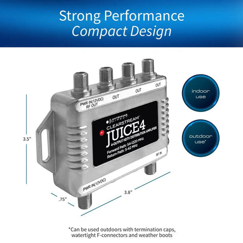 Juice4 Distribution Amplifier Delivers Strong Free To Air TV Signal To Four Televisions, compact silver design with ports