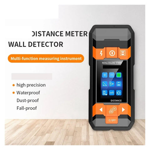 Handheld Wall Scanner And Deep Scan Metal Stud Finder With Automatic Calibration To Catch Live Power Lines Water Pipes And Wood Studs In Drywall Without Breaking A Sweat For Any Contractor on a wooden floor, showing screen and buttons.