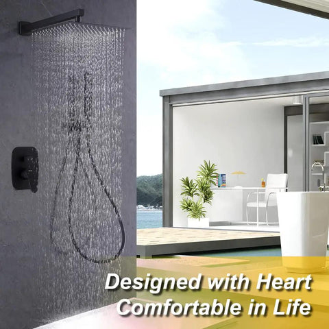 Rain Shower System With 12-Inch Square Head And High Flow Handheld, Matte Black Wall Mount Luxury Mixer, Air Mixing Technology Delivers Full Rainforest Rainfall And Spa Quality Water Experience For Your Bathroom installed outdoors, showcasing rainfall effect.