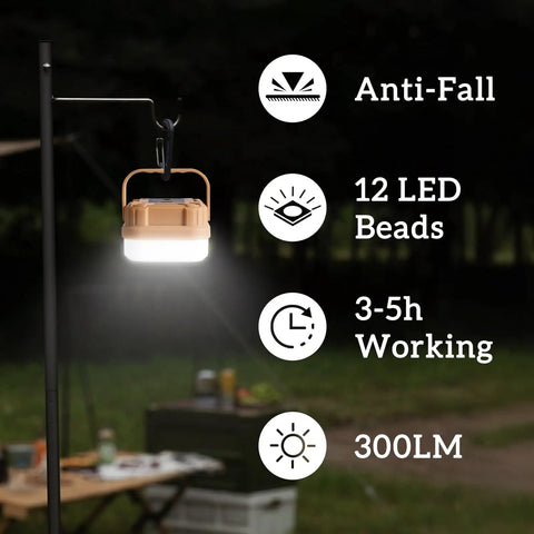 Four Pack Rechargeable Camping Lanterns With 300 Lumens, Three Light Modes, IP53 Waterproof hanging on a pole in a dark outdoor setting.