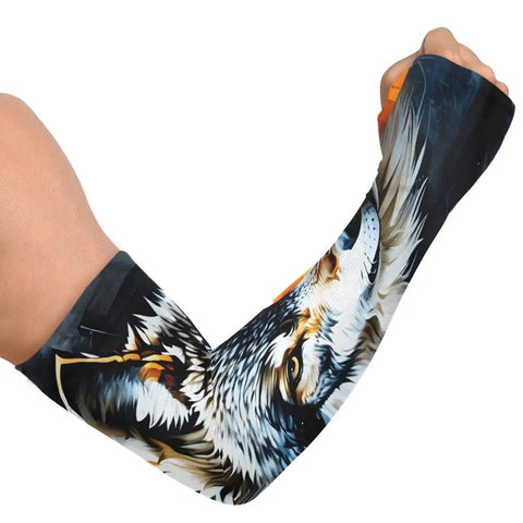 Seamless Cooling Arm Sleeves With A Dope Wolf Face Print Give You Straight Up UPF Fifty Shielding Lightweight Nylon Stays Cool And Stops Rolling So You Can Hit The Course Or Trails While Keeping Tattoos Covered All Day Long
