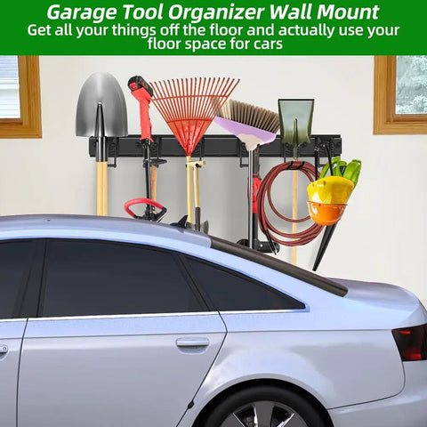 Heavy Duty Garage Tool Organizer With 48 Inch Rails And Six Double Layer Hooks, wall mount storage rack holding garden tools