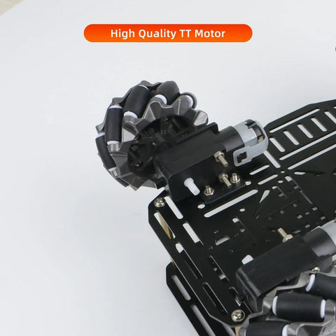 Close-up of Omni Directional Mecanum Wheel Robot Chassis Kit with 4WD TT Motors, showing aluminum frame and Mecanum wheel setup.