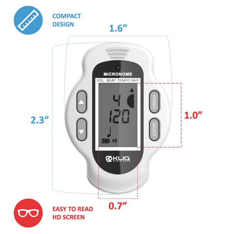 Ultra Portable Mini Rechargeable Digital Metronome With Speaker For Piano Guitar Saxophone Flute Violin Drums 30 To 260 BPM Tempo Range 9 Rhythm Settings Digital Volume And Beat Adjust Clip On Practice Metronome 16 Hour Battery White showing dimensions and HD screen