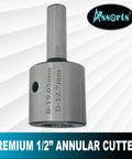 Half Inch Shank Tool Steel Holder With Lock Screw For 19 mm Rota Broaches, Hard And Ground, Overall Length 75 Mm, shown in the image with a focus on its 1/2-inch annular cutter design, suitable for drill press and milling machines.