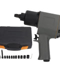 Professional Beefy 1/2 Inch Air Impact Wrench Boasting An Insane 850 Nm Of Rock Hard Torque And A Blazing 7500 Rpm Spin For Garage Crews On Any Weekend Project with attachments in a toolbox.