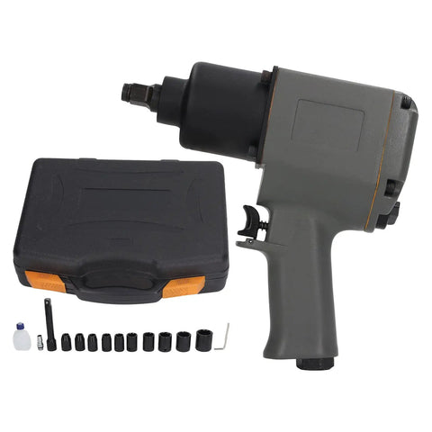Heavy Duty Half Inch Air Impact Wrench Featuring Hella Powerful Pneumatic Torque Up To 850 Nm With Complete Socket Set, tool and accessory kit.