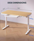 Electric Height Adjustable Standing Desk With Built In Drawer Smooth Motor Lift And Generous Workstation Surface For Home Office Ergonomic Sit Stand Table To Kick Up Your Remote Hustle showing dimensions 55.3 inches wide and adjustable height.
