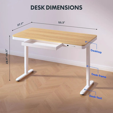 Electric Height Adjustable Standing Desk With Built In Drawer Smooth Motor Lift And Generous Workstation Surface For Home Office Ergonomic Sit Stand Table To Kick Up Your Remote Hustle showing dimensions 55.3 inches wide and adjustable height.