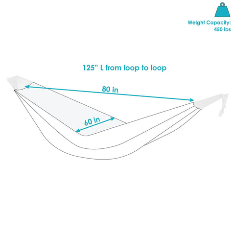 Diagram showing Two Person Double Brazilian Cotton Outdoor Hammock With 450 Pound Capacity, labeled dimensions 125"x80"x60".