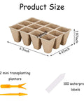 144 Cell Seed Tray Set With 12 Packs Biodegradable Seedling Pots, 100 White Labels And 2 Transplanters size dimensions and contents