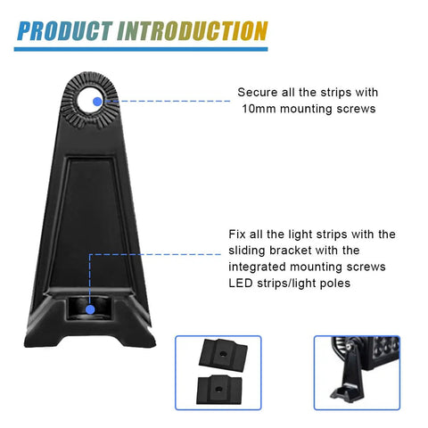 Close-up of Beefy Adjustable Side Mounting Brackets Kit For LED Light Bars And Pods, instructions and mounting features shown.