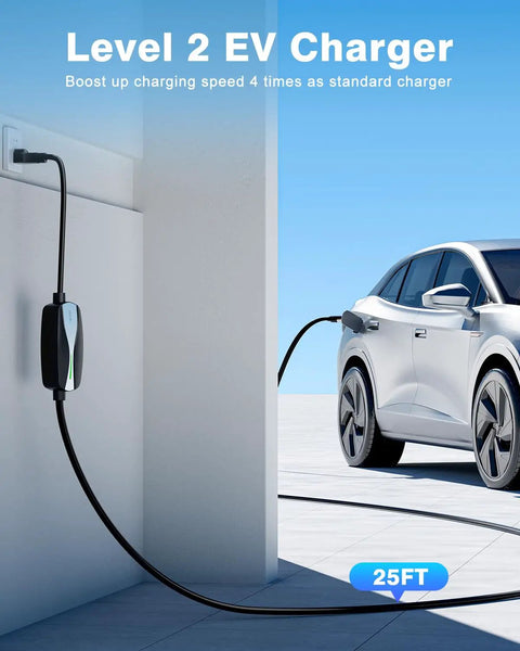 Portable Level 1 And Level 2 EV Charger With J1772 Home Connector delivers no sweat 16 Amp 240 Volt power, charging an electric vehicle.