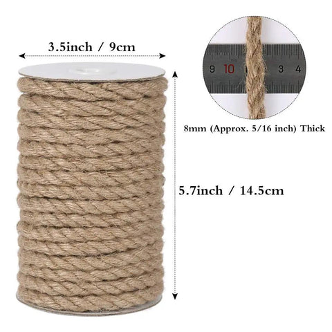 8mm Jute Rope Thick Twine 50 Feet Heavy Duty Natural Fiber on spool, close-up showing 3-strand twist and size measurements.