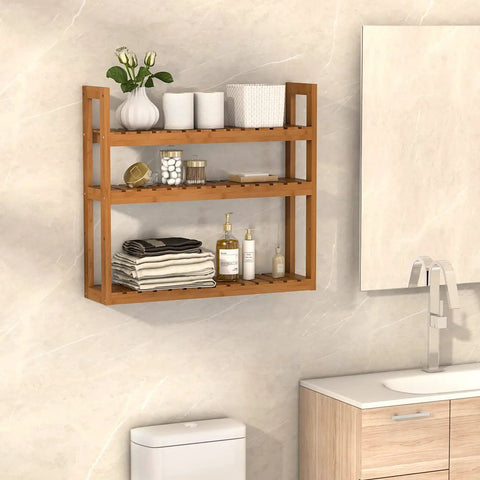3 Tier Bamboo Wall Mount Shelf Organizer For Bathroom And Kitchen, over toilet storage with walnut finish