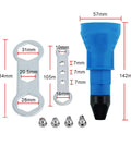 Hassle Free Cordless Rivet Nut Gun With Four Swap Out Nozzle Tips, blue nozzle, metal wrench, and interchangeable tips included.