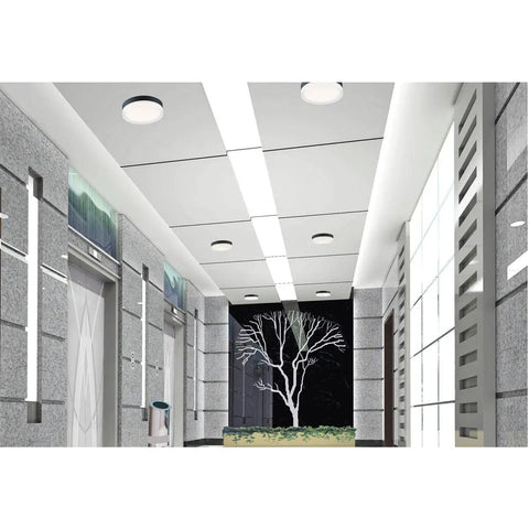 Black 14 Inch LED Flush Mount Light Fixture With Etched Glass Modern Low Profile Ceiling Lamp Dope Energy Efficient LED Lighting For Living Room Or Hallway installed in corridor