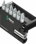 Pozidriv Mini-Check PZ Sheet Metal Bit Set With Universal Bit Holder, Nine Bits In Compact Case, Quarter Inch By Fifty Millimeter Drive Bits For Hard Materials, Includes Universal Bit Holder For Metal Sheets And Structures, Durable Pro Grade Kit, shown angled view.