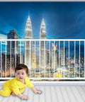 Kidproof Window Safety Guard For Home Use Easy Pressure Mounted No Drill Installation Extra Wide Fit For Sliding Windows 86.61 To 111.81 Inches Four Piece Set shown with a child in a yellow outfit.