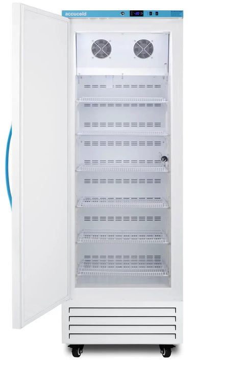 Heavy Hitter Upright All Freezer With Dead On Temp Accuracy And Nist Data Logger With High Low Alarm Built For Pharmacy Vaccine Storage left hand door swing open, showcasing interior shelves.