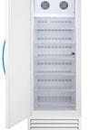 Heavy Duty Upright Vaccine Freezer With 14.83 Cubic Feet Storage For Medical Pharmacy Labs, white cabinet with shelves and digital controls.
