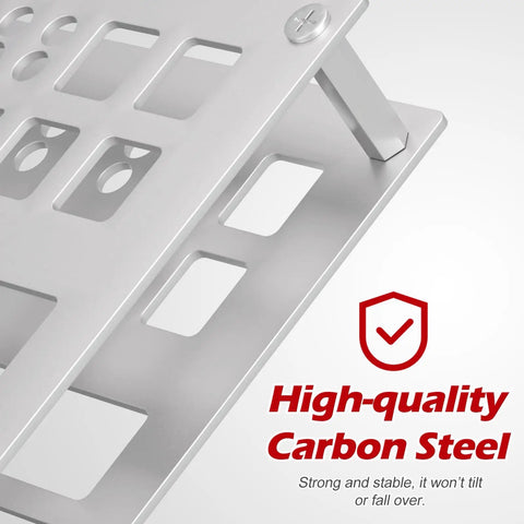 Close-up of high-quality carbon steel surface on Premium Screwdriver Organizer Holder For Desktop Tools, showing silver finish.