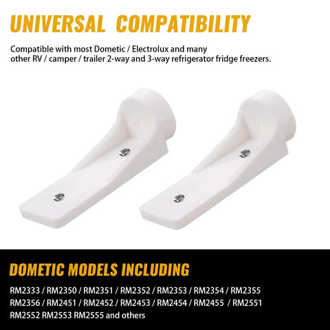 RV Freezer Door Hinge Plate Replacement For 2002244008 And 330019, Fits 2-Way And 3-Way RV Refrigerator Freezers, Heavy Duty Hinge Upgrade For Camper, Trailer, And Van, includes two white hinge plates with mounting screws