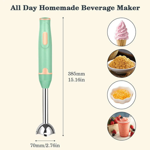 800W Immersion Hand Blender With Stainless Steel Blades For Whipping Up Smoothies And Baby Purees With 2 Speed Settings And Ergo Handle That Blends Tough Stuff With Ease Using The EU Plug To Level Up Your Cookout For Tasty Eats Now. Compact green design with stainless steel blending base.