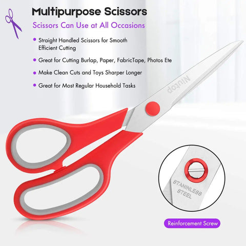 Five Pack 8 Inch Multipurpose Fabric Scissors Set For Sewing, Craft, Office And School, Sharp Durable Blades, Rust Resistant, Soft Comfort Grip Handles For Left Or Right Hand, Colorful Assortment red-handled stainless steel scissors with reinforcement screw