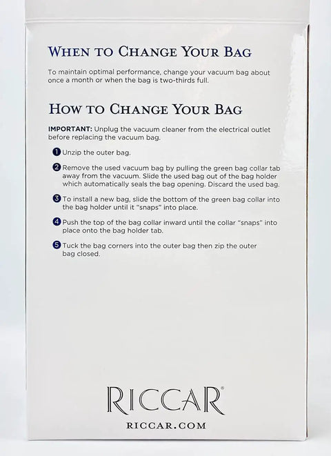 Instructions on how to change SupraLite HEPA Vacuum Bags RLH6 For SupraLite R10 Series Vacuums on product packaging