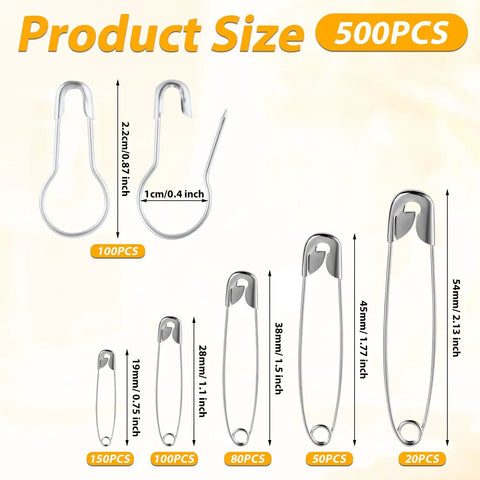 Ready To Rock Solid Stainless Steel Safety Pins 500 Pack Assorted Gourd And Round Designs 22 To 54 Millimeters Includes Nifty Storage Box Perfect For Sewing Crafting Quilting And Apparel Repair On The Fly