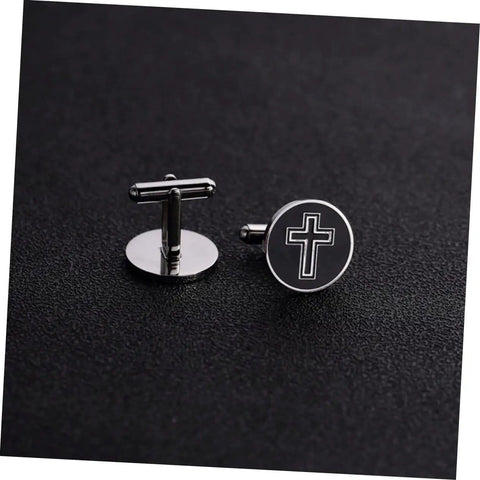 Fashionable Titanium Steel Cross Cufflinks For Men With Polished Black Finish Decorative Shirt Fasteners Front View