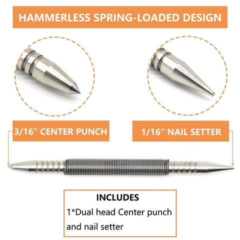 Image of Dual Head Hammerless Nail Setter And 3/16 In Center Punch with 3500 PSI Striking Force showing two interchangeable heads