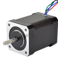 Front view of a 60mm NEMA 17 bipolar stepper motor with silver faceplate and black body, four-wire leads.