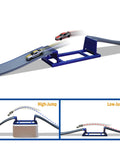 Flexible Dual Lane Race Track With Jump Ramp Toy For Kids, 13 Feet Of Action, showcasing a car mid-air on the jump ramp.
