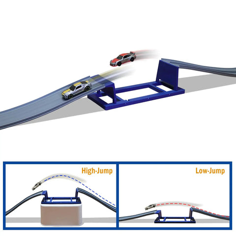Flexible Dual Lane Race Track With Jump Ramp Toy For Kids, 13 Feet Of Action, showcasing a car mid-air on the jump ramp.