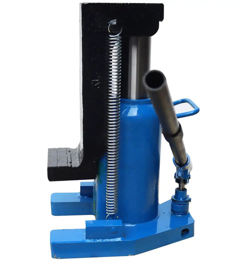 Tough As Nails Hydraulic Toe Jack Lift With 30 Ton Top And 15 Ton Bottom Heft showing blue steel build and dual hydraulic cylinder.